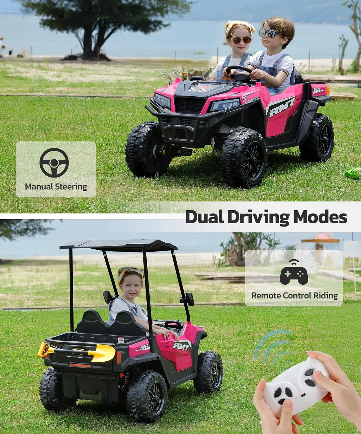 ELEMARA 24V Ride on Toy for Big Kid,Ride on Car 2 Seater w/Sun Shade,Dump Bed & Shovel,4.5MPH,4WD Electric Car for Kids,Battery Car w/Remote,Kids Ride on Truck,3 Speeds,LED Lights,Bluetooth, Pink