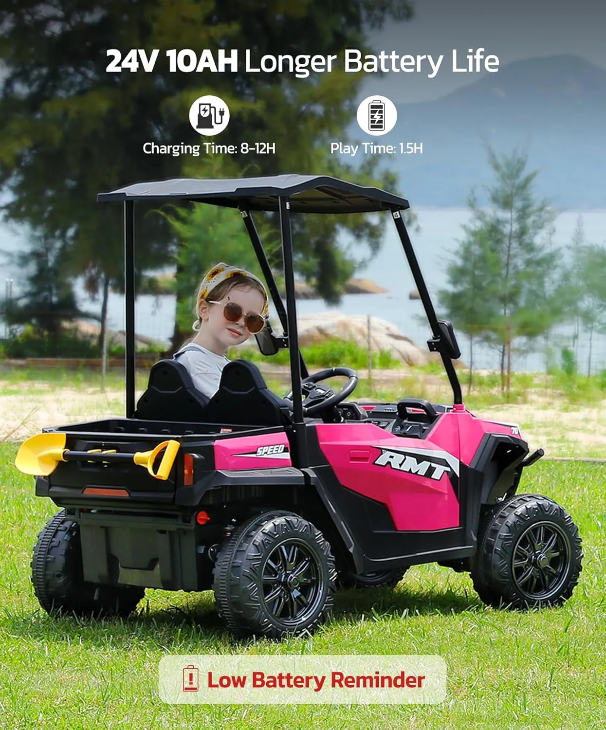 ELEMARA 24V Ride on Toy for Big Kid,Ride on Car 2 Seater w/Sun Shade,Dump Bed & Shovel,4.5MPH,4WD Electric Car for Kids,Battery Car w/Remote,Kids Ride on Truck,3 Speeds,LED Lights,Bluetooth, Pink