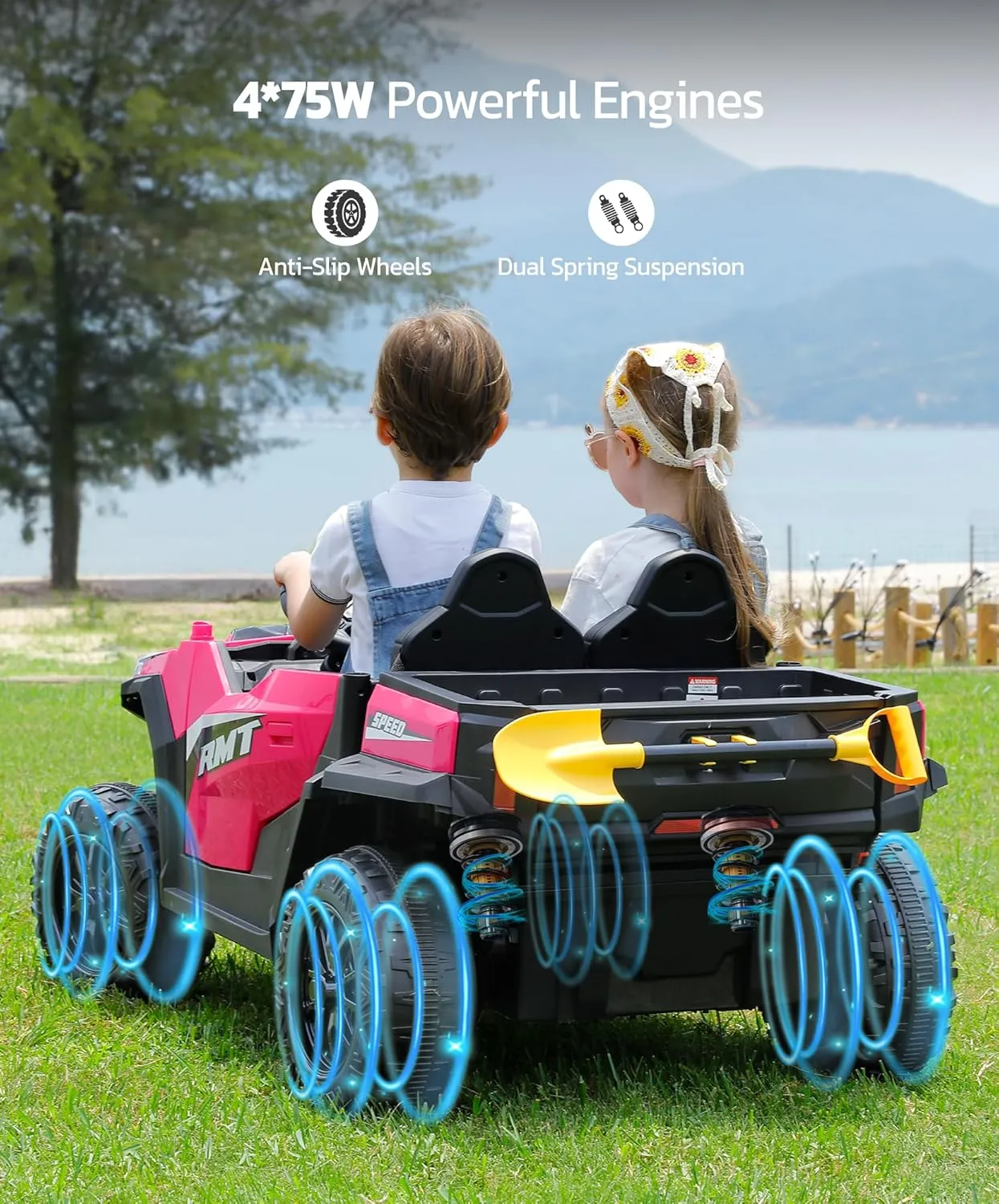 ELEMARA 24V Ride on Toy for Big Kid,Ride on Car 2 Seater w/Sun Shade,Dump Bed & Shovel,4.5MPH,4WD Electric Car for Kids,Battery Car w/Remote,Kids Ride on Truck,3 Speeds,LED Lights,Bluetooth, Pink