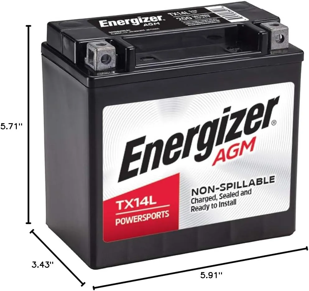 Energizer TX14L AGM Motorcycle 12V Battery, 200 Cold Cranking Amps and 12 Ahr. Replaces: YTX14L-BS and others
