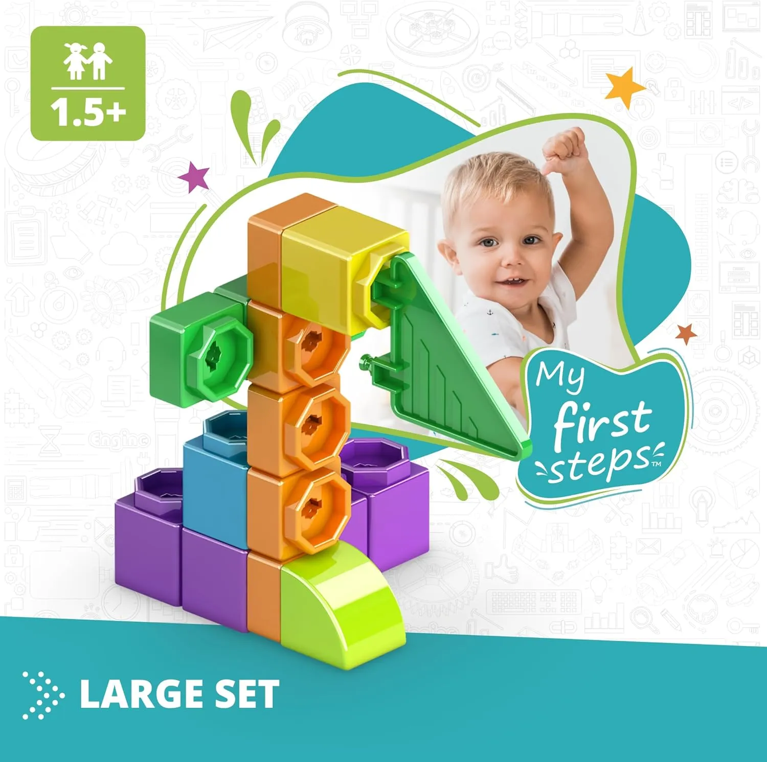 Engino: Qboidz Baby - My First Steps - Large - 72pc Brick Set, Dual-Dimension Build & Connect, Stack & Click Assembly, Open Play, Toddlers Kids 18mo 