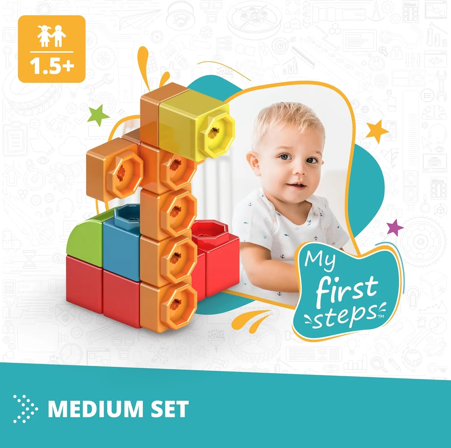 Engino: Qboidz Baby - My First Steps - Medium - 44pc Brick Set, Dual-Dimension Build & Connect, Stack & Click Assembly, Open Play, Toddlers Kids 18mo 