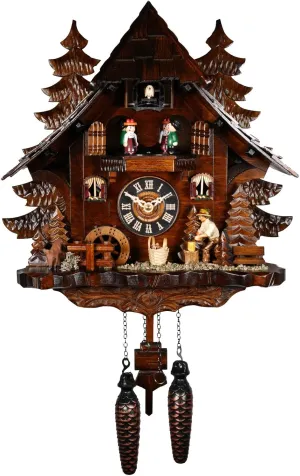 Engstler Quartz Cuckoo Clock Black Forest House with Moving Wood Chopper and Mill Wheel, with Music EN 473 QMT