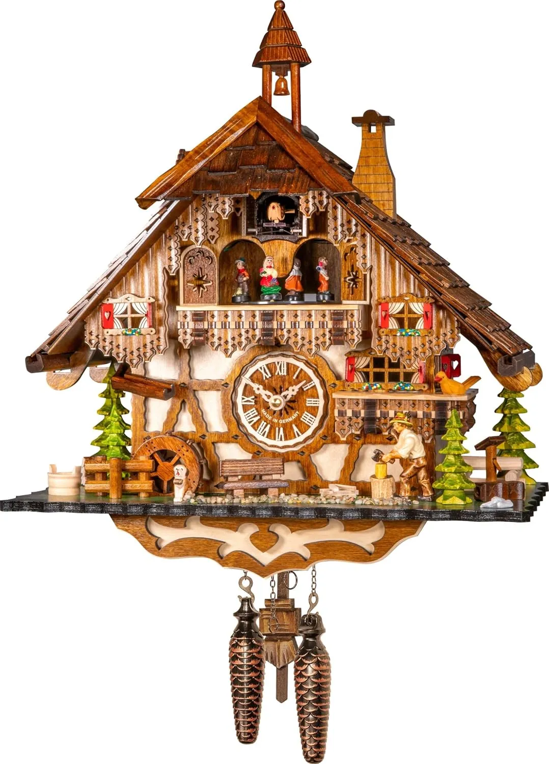 Engstler Quartz Cuckoo Clock Black Forest House with Moving Wood Chopper and Mill Wheel, with Music