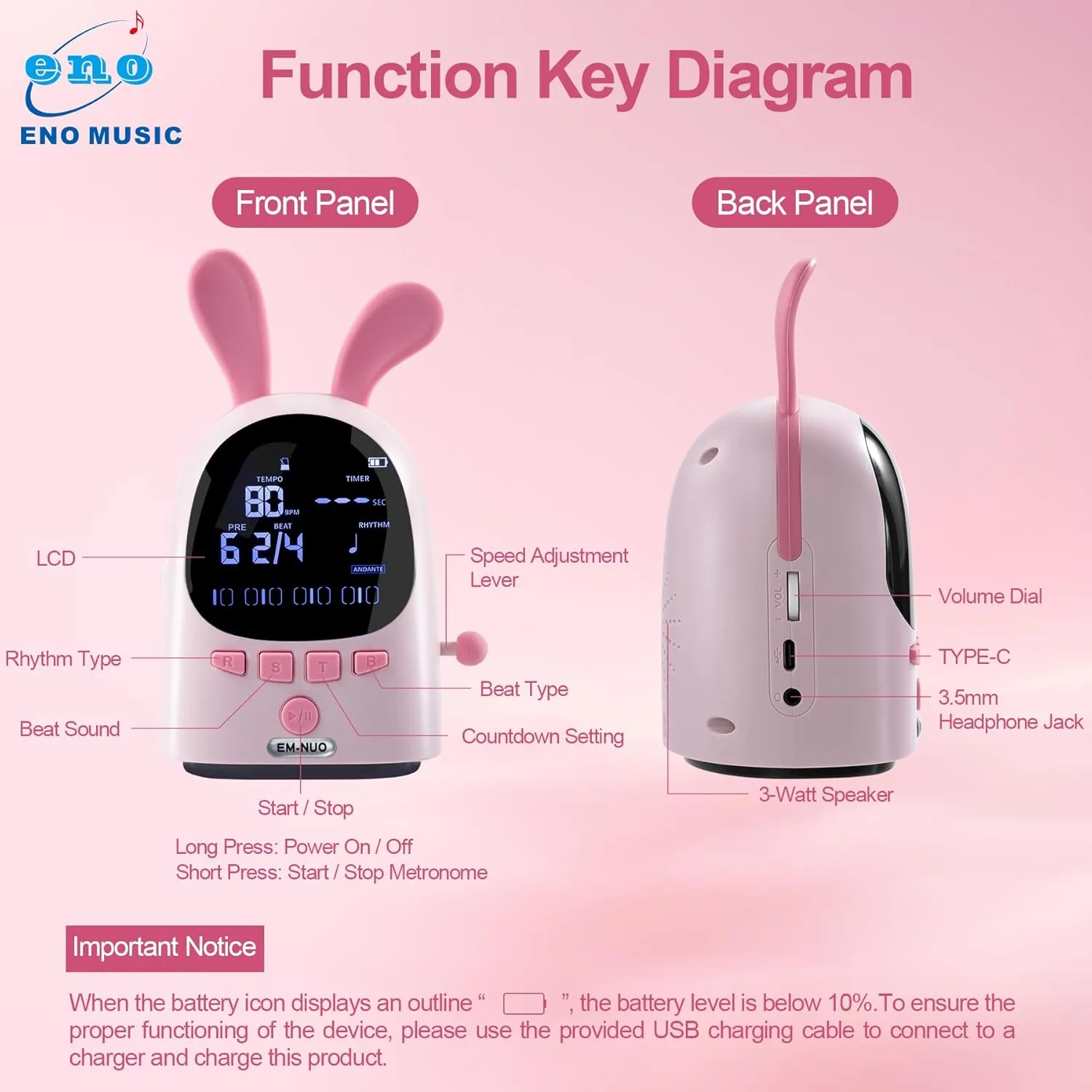 ENO MUSIC Easy Control Rechargeable Electric Metronome for Acoustic Guitar Violin Ukulele Players with Big Sound