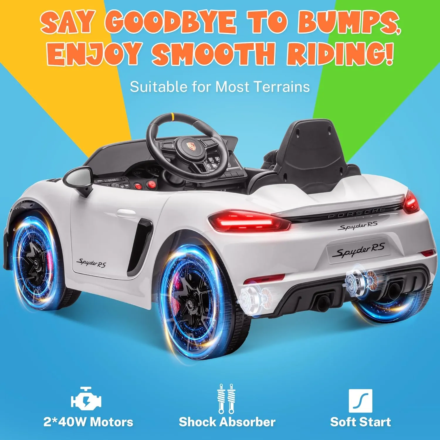 ENYOPRO Licensed Porsche 718 Spyder RS Ride-On Electric Car for Kids with Remote Control, 12v Ride On Toys for Toddlers, Electric Power Vehicle w/Trailer Wheels, Bluetooth/USB/AUX, LED Lights, White