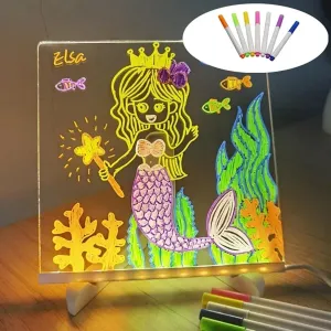 Erasable LED Drawing Board With Night Light, Creative Rewritable Acrylic Message Board for Kids, Light up Note Board With Colors (7.9 * 7.9in)
