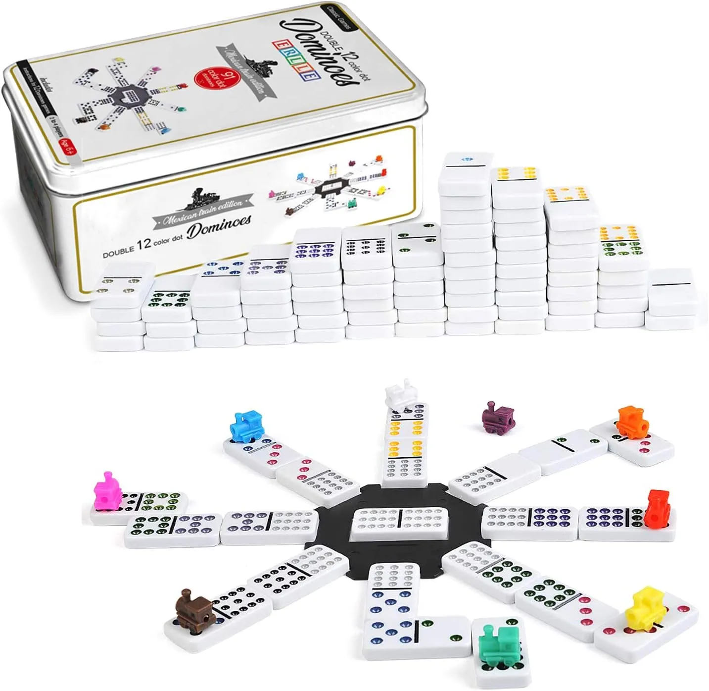 ERLLE Dominos Set Game. Premium Classic 55 Color Pieces Double Twelve Domino. Durable tin Box. Kids, Boys, Girls, Party Favors and Anytime use. Duoble 12 Dominoes.