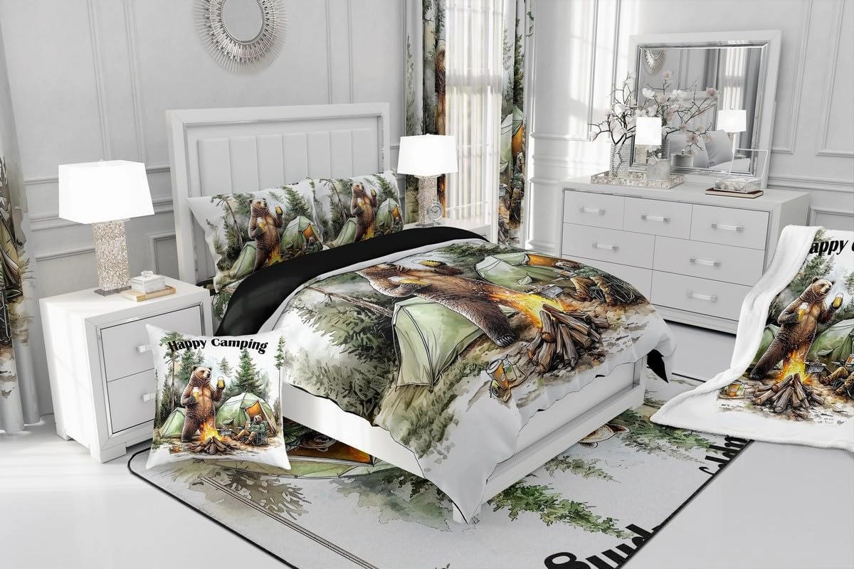 Erosebridal Happy Camping Queen Comforter Set,RV Camper Bedding Sets for Travel Trailer Bunk,Forest Bear Quilt Bed Set for Kids Adults,Rustic Farmhouse Bedroom Decor,2 Pillowcases All Season