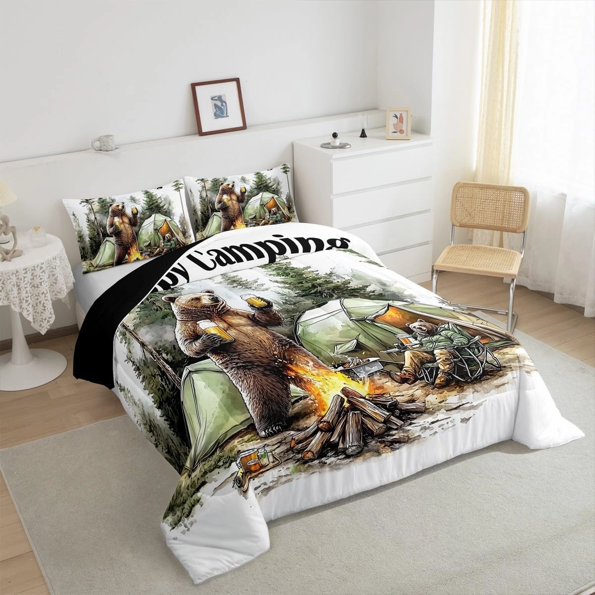 Erosebridal Happy Camping Queen Comforter Set,RV Camper Bedding Sets for Travel Trailer Bunk,Forest Bear Quilt Bed Set for Kids Adults,Rustic Farmhouse Bedroom Decor,2 Pillowcases All Season