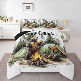 Erosebridal Happy Camping Queen Comforter Set,RV Camper Bedding Sets for Travel Trailer Bunk,Forest Bear Quilt Bed Set for Kids Adults,Rustic Farmhouse Bedroom Decor,2 Pillowcases All Season