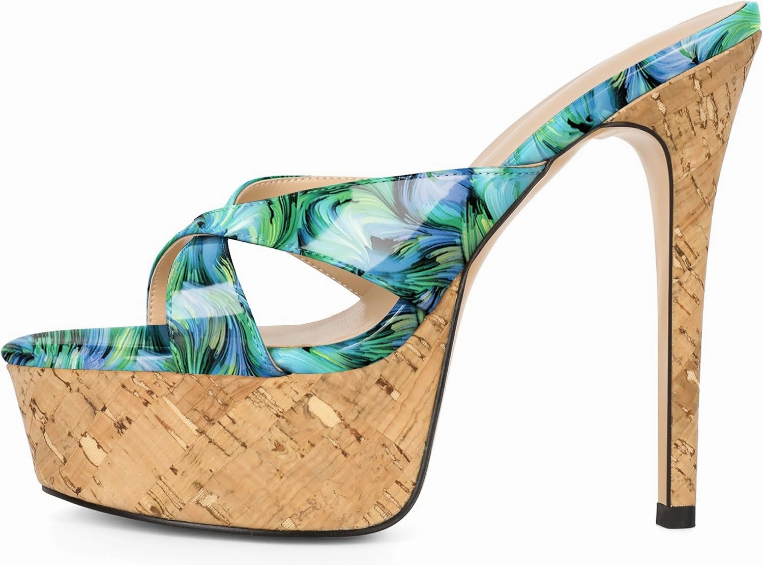 Esvowido Heeled Mules for Women Cork Platform Stiletto Heels Slip on Open Toe High Heeled Sandals Crisscross Slippers Pumps Shoes