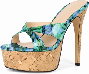 Esvowido Heeled Mules for Women Cork Platform Stiletto Heels Slip on Open Toe High Heeled Sandals Crisscross Slippers Pumps Shoes