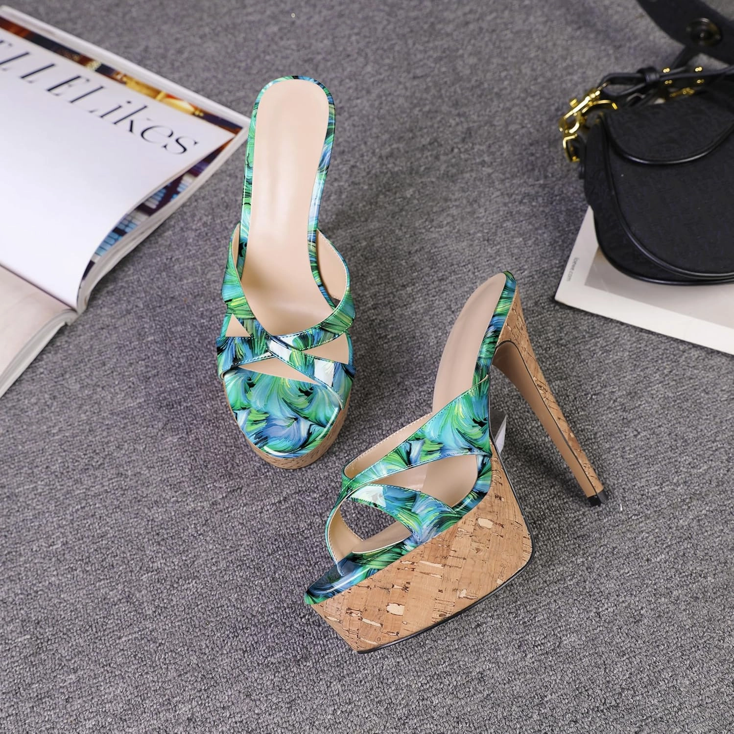 Esvowido Heeled Mules for Women Cork Platform Stiletto Heels Slip on Open Toe High Heeled Sandals Crisscross Slippers Pumps Shoes