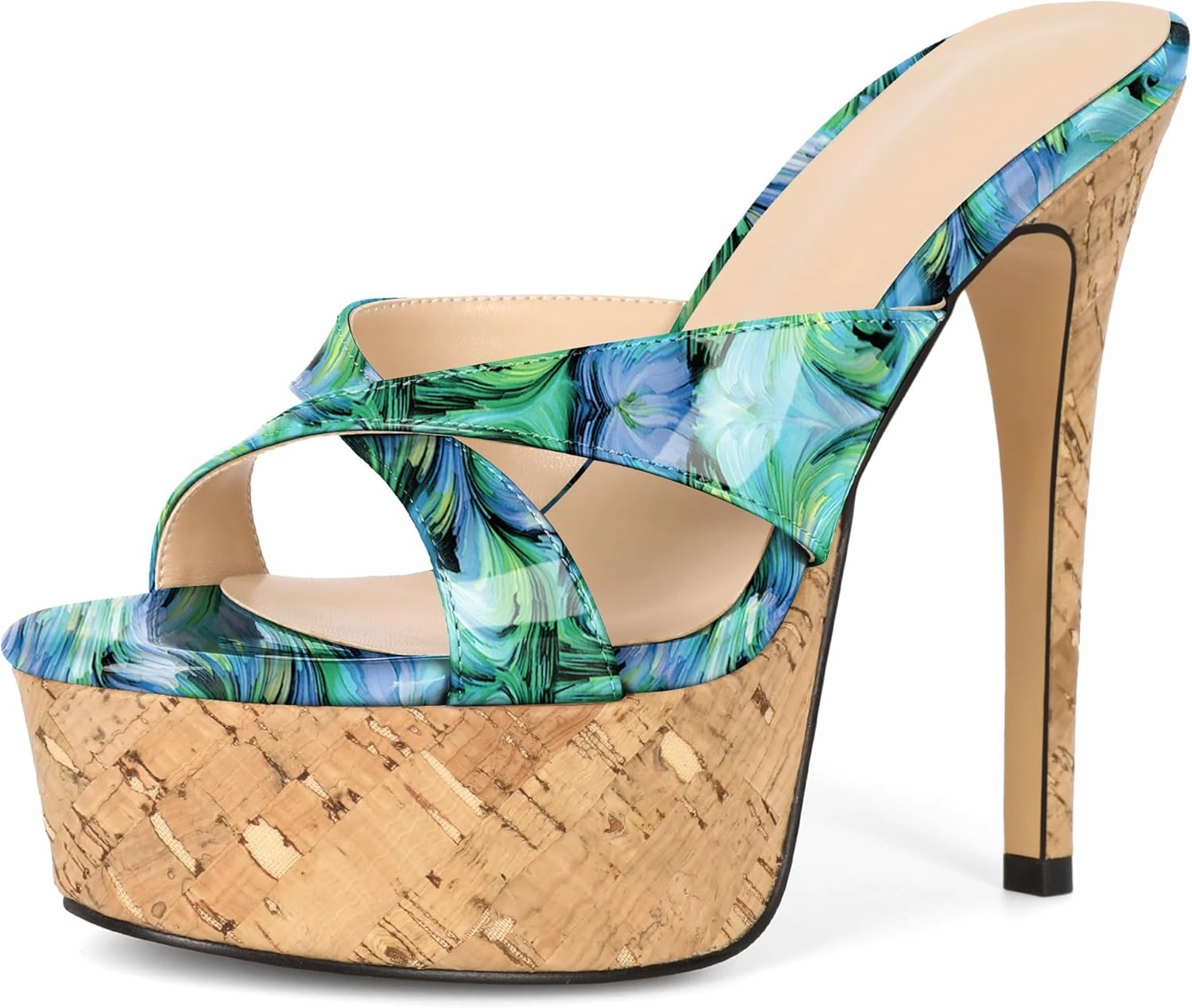 Esvowido Heeled Mules for Women Cork Platform Stiletto Heels Slip on Open Toe High Heeled Sandals Crisscross Slippers Pumps Shoes