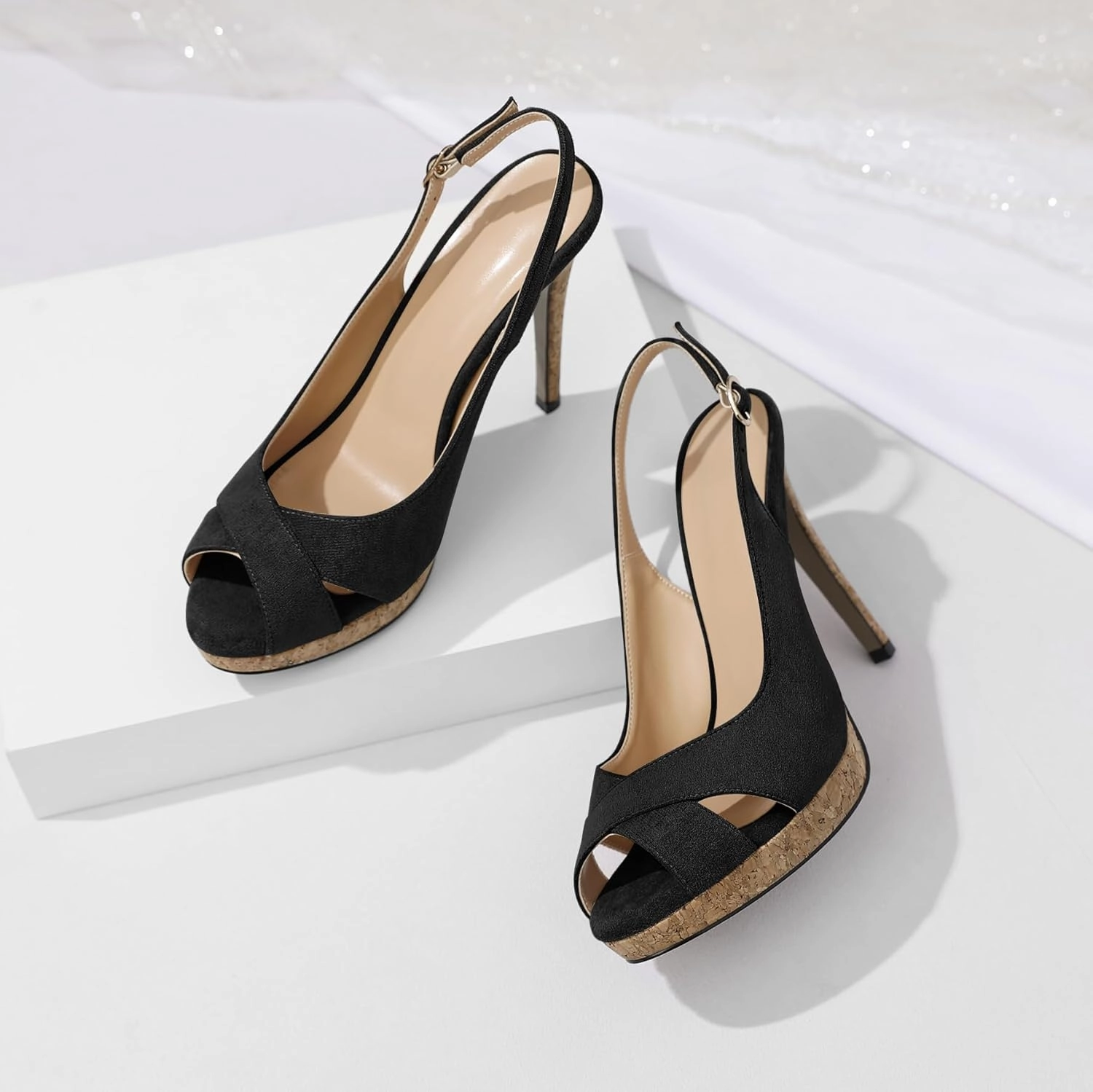 Esvowido Women's Peep Toe High Heels Slingback Cork Heel Platform Stilettos Heeled Sandals Wedding Party Dress Shoes