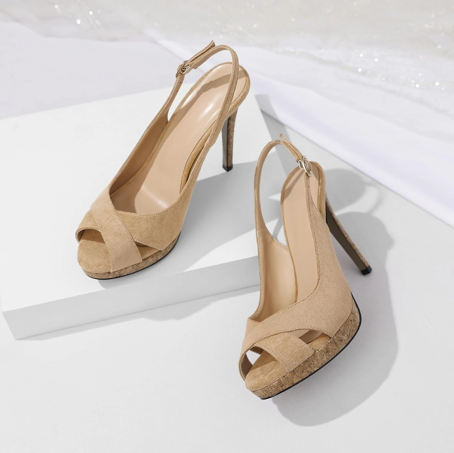 Esvowido Women's Peep Toe High Heels Slingback Cork Heel Platform Stilettos Heeled Sandals Wedding Party Dress Shoes