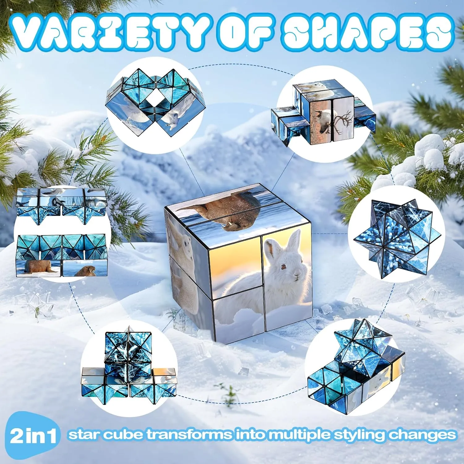 Euclidean Cube 2 in 1 Magic Cube Set, Infinity Cube Fidget Toy for Kids Adults, Yoshimoto Cube for Ages 8-12, Arctic/Antarctic Animals Puzzle Cube Fun Toy for Boys Girls (Polar Series)