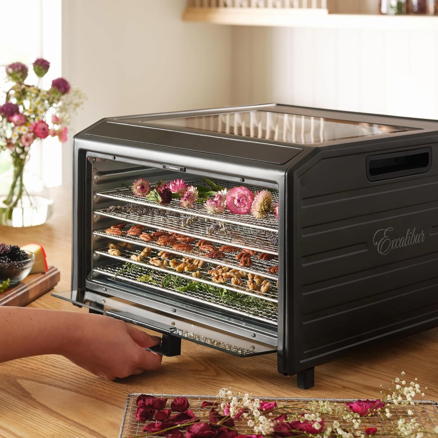 Excalibur Electric Food Dehydrator Performance Series 6-Tray with Adjustable Temperature Control Includes Stainless Steel Drying Trays Glass Door Top View Window and LED Display Progress Bar, Black