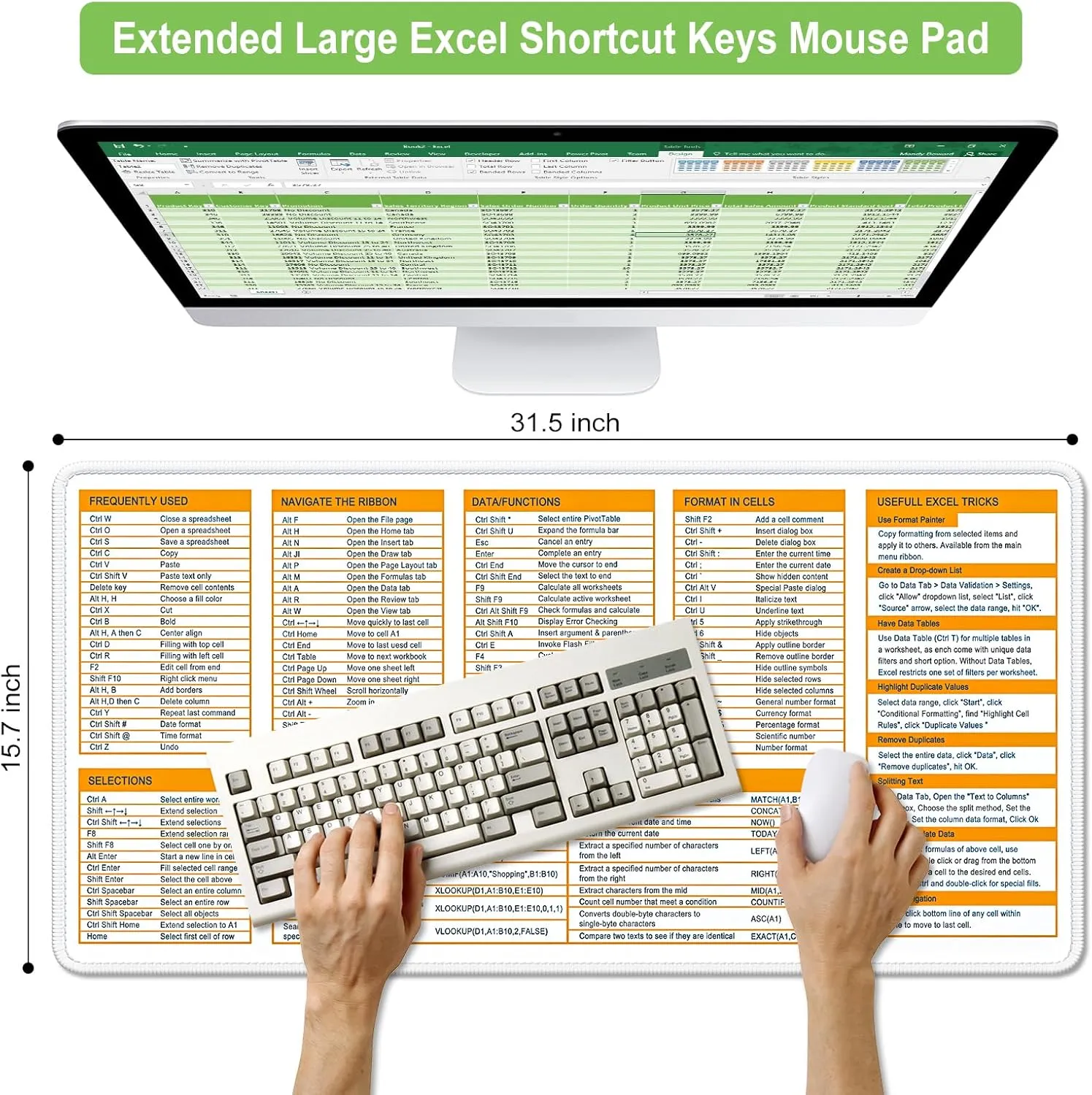 Excel Cheat Sheet Desk Pad, Extended Large Gaming Mouse Pad, Big XXL Computer Keyboard Shortcuts Keys Mat for Desktop, Office Spreadsheet Desk Mat for Keyboard and Laptop, 31.5 x 15.7in, Orange