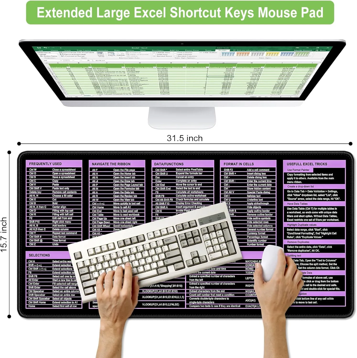 Excel Cheat Sheet Desk Pad, Extended Large Gaming Mouse Pad, Big XXL Computer Keyboard Shortcuts Keys Mat for Desktop, Office Spreadsheet Desk Mat for Keyboard and Laptop, 31.5 x 15.7in, Purple