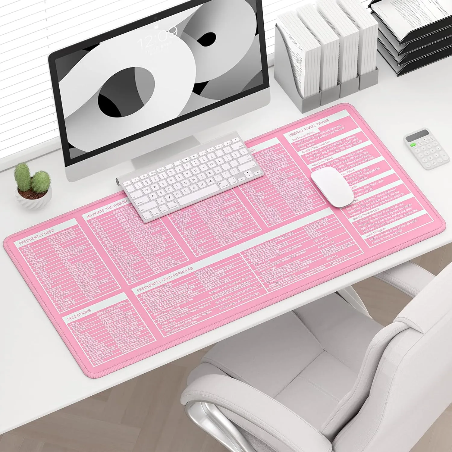 Excel Cheat Sheet Desk Pad, Extended Large Gaming Mouse Pad, Big XXL Computer Keyboard Shortcuts Keys Mat for Desktop, Office Spreadsheet Desk Mats for Keyboard and Laptop, 31.5 x 15.7in, Pink