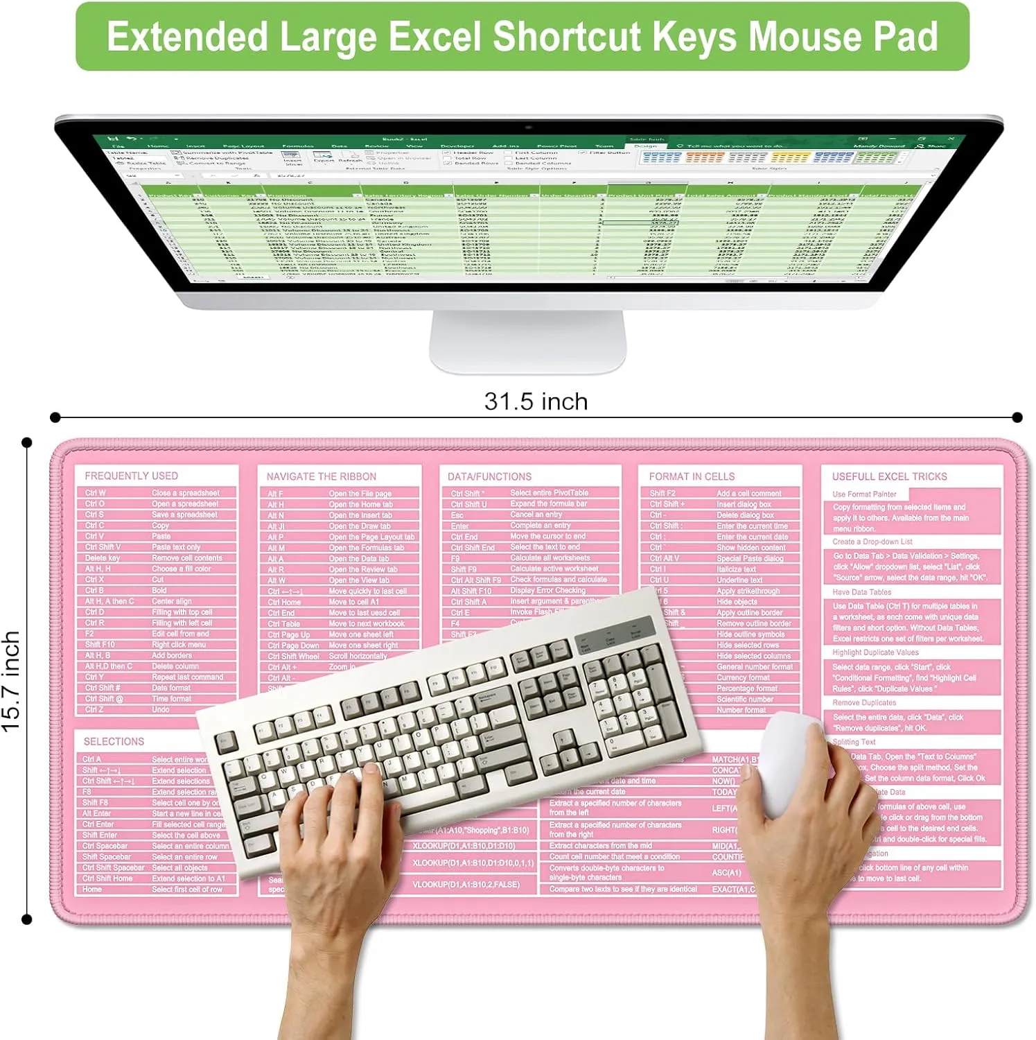 Excel Cheat Sheet Desk Pad, Extended Large Gaming Mouse Pad, Big XXL Computer Keyboard Shortcuts Keys Mat for Desktop, Office Spreadsheet Desk Mats for Keyboard and Laptop, 31.5 x 15.7in, Pink