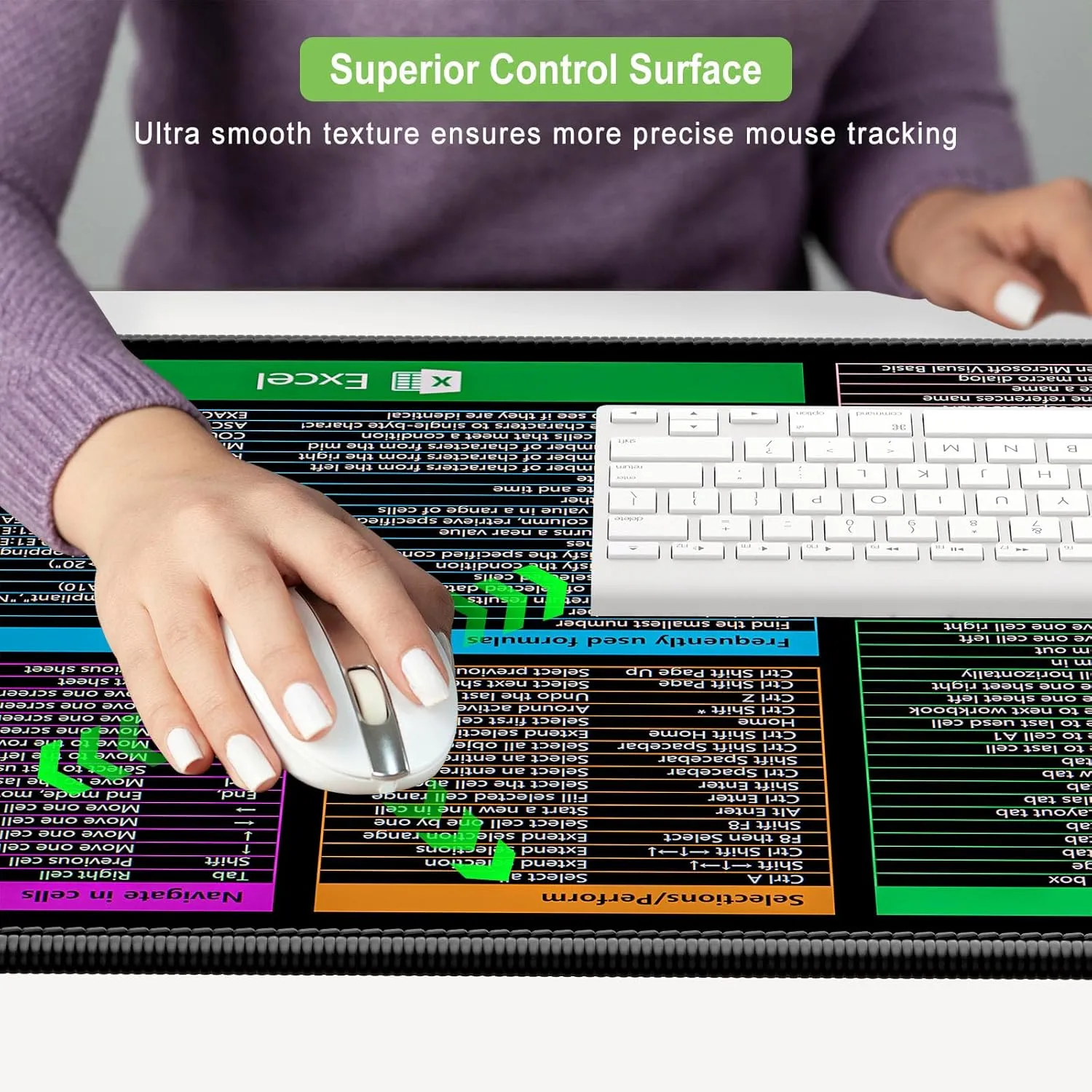 Excel Shortcut Keys Mouse Pad, 31.5 x 15.7in, Extended Large Cheat Sheet Gaming Mouse Pad, Big XXL Computer Keyboard Mat with Stitched Edges for Desktop, Non-Slip Office PC Full Desk Mat, Black