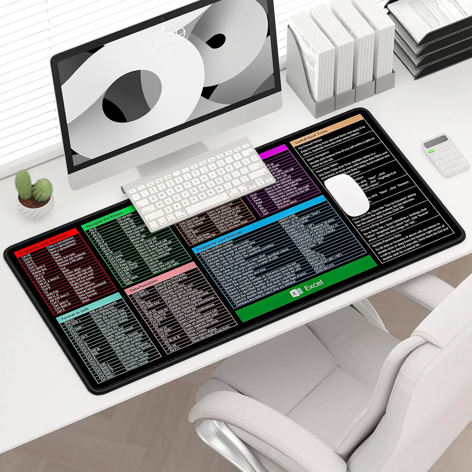 Excel Shortcut Keys Mouse Pad, 31.5 x 15.7in, Extended Large Cheat Sheet Gaming Mouse Pad, Big XXL Computer Keyboard Mat with Stitched Edges for Desktop, Non-Slip Office PC Full Desk Mat, Black