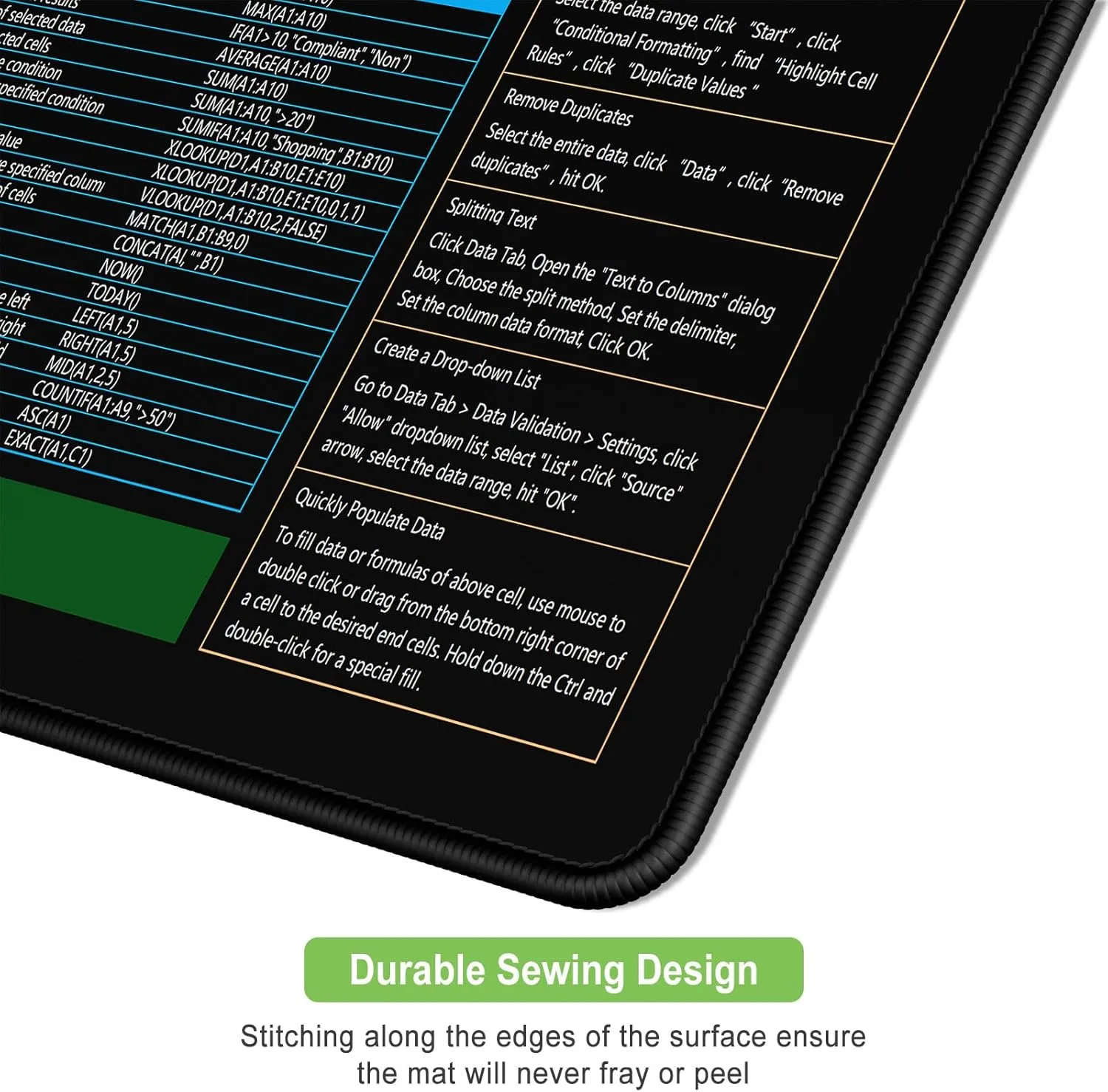 Excel Shortcut Keys Mouse Pad, 31.5 x 15.7in, Extended Large Cheat Sheet Gaming Mouse Pad, Big XXL Computer Keyboard Mat with Stitched Edges for Desktop, Non-Slip Office PC Full Desk Mat, Black
