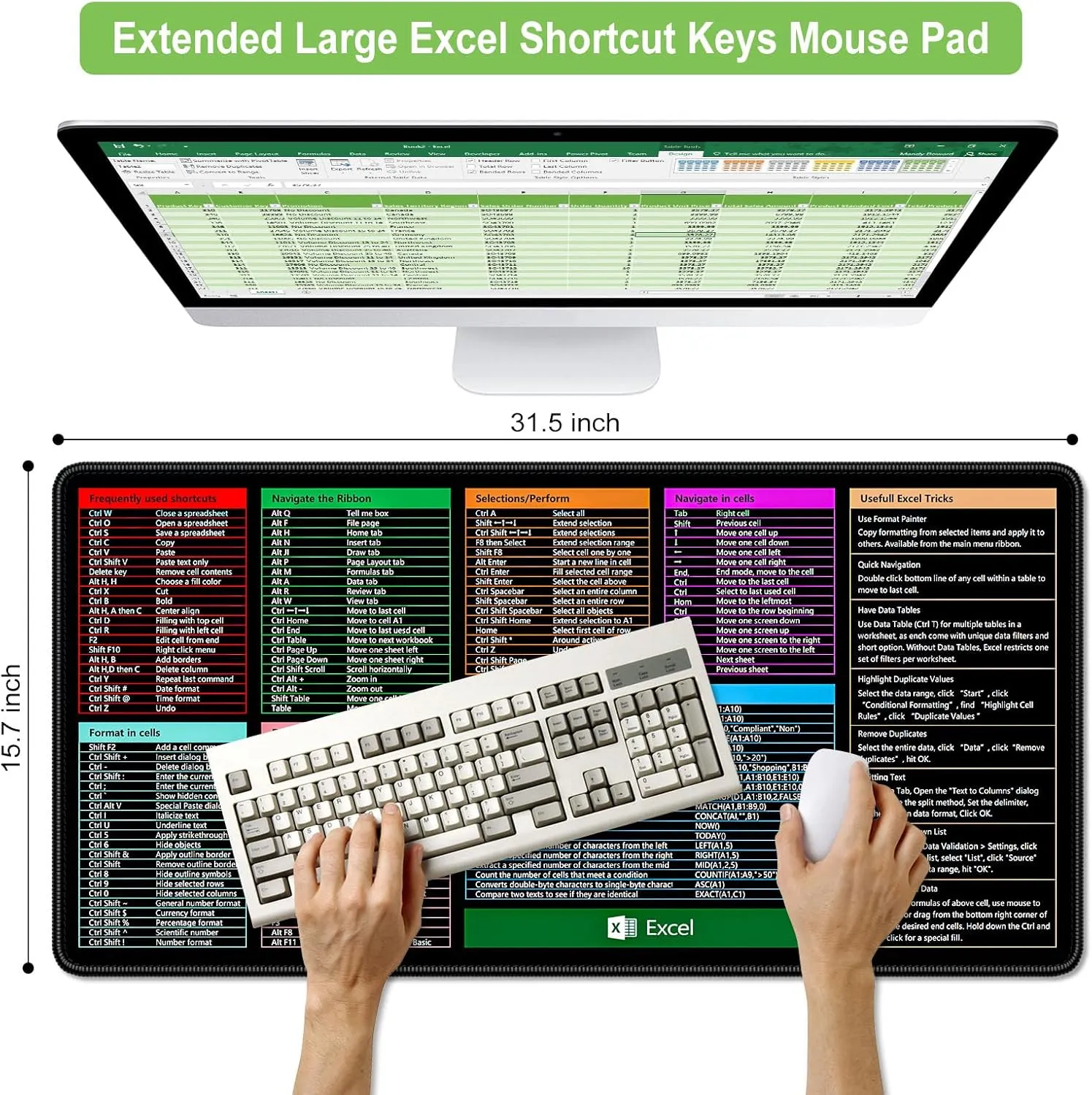 Excel Shortcut Keys Mouse Pad, 31.5 x 15.7in, Extended Large Cheat Sheet Gaming Mouse Pad, Big XXL Computer Keyboard Mat with Stitched Edges for Desktop, Non-Slip Office PC Full Desk Mat, Black