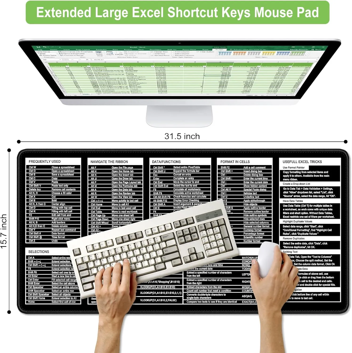 Excel Shortcut Keys Mouse Pad, Extended Large Cheat Sheet Gaming Mouse Pad, Big XXL Computer Keyboard Mat with Stitched Edges for Desktop, Non-Slip Office PC Full Desk Mat, 31.5 x 15.7in, Black