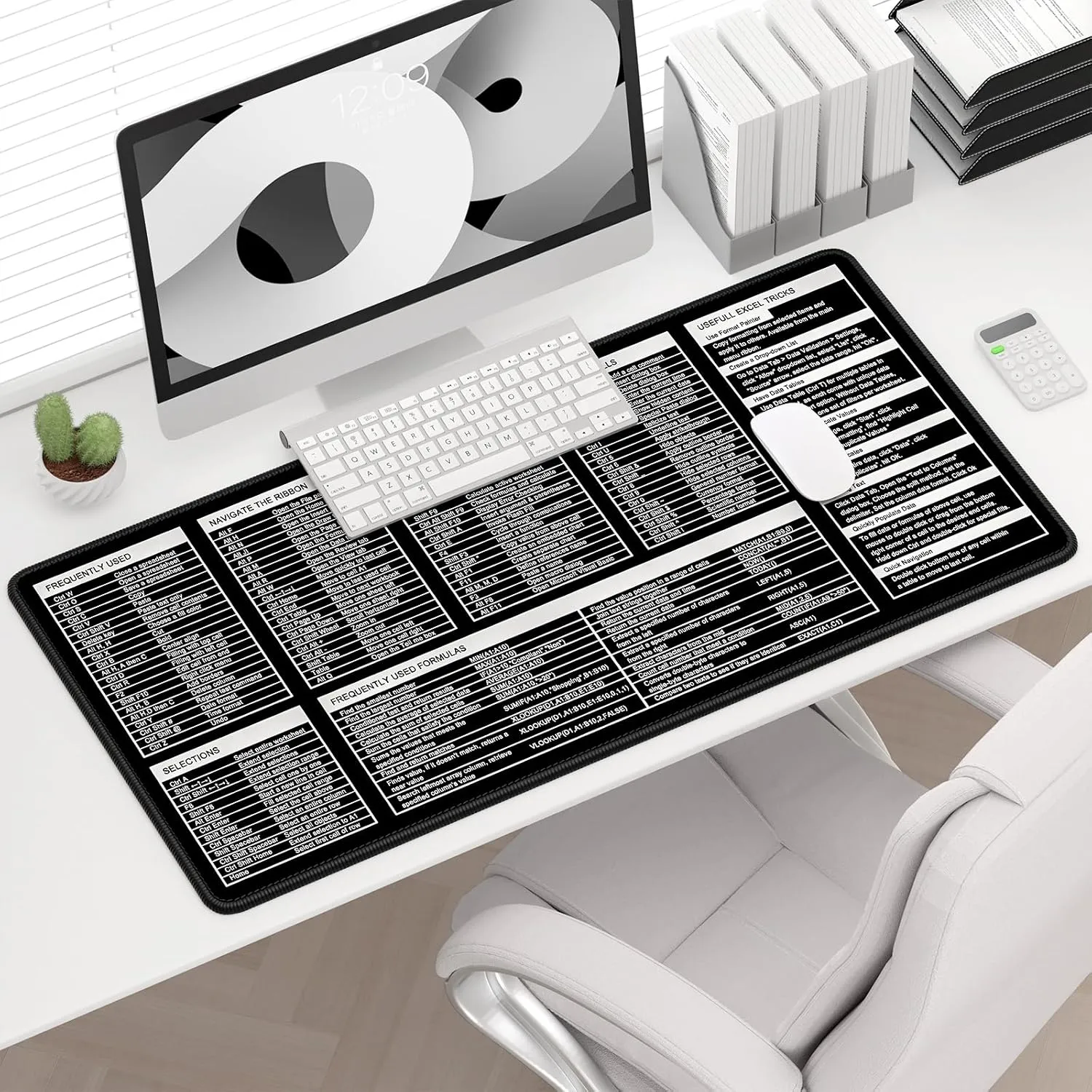 Excel Shortcut Keys Mouse Pad, Extended Large Cheat Sheet Gaming Mouse Pad, Big XXL Computer Keyboard Mat with Stitched Edges for Desktop, Non-Slip Office PC Full Desk Mat, 31.5 x 15.7in, Black