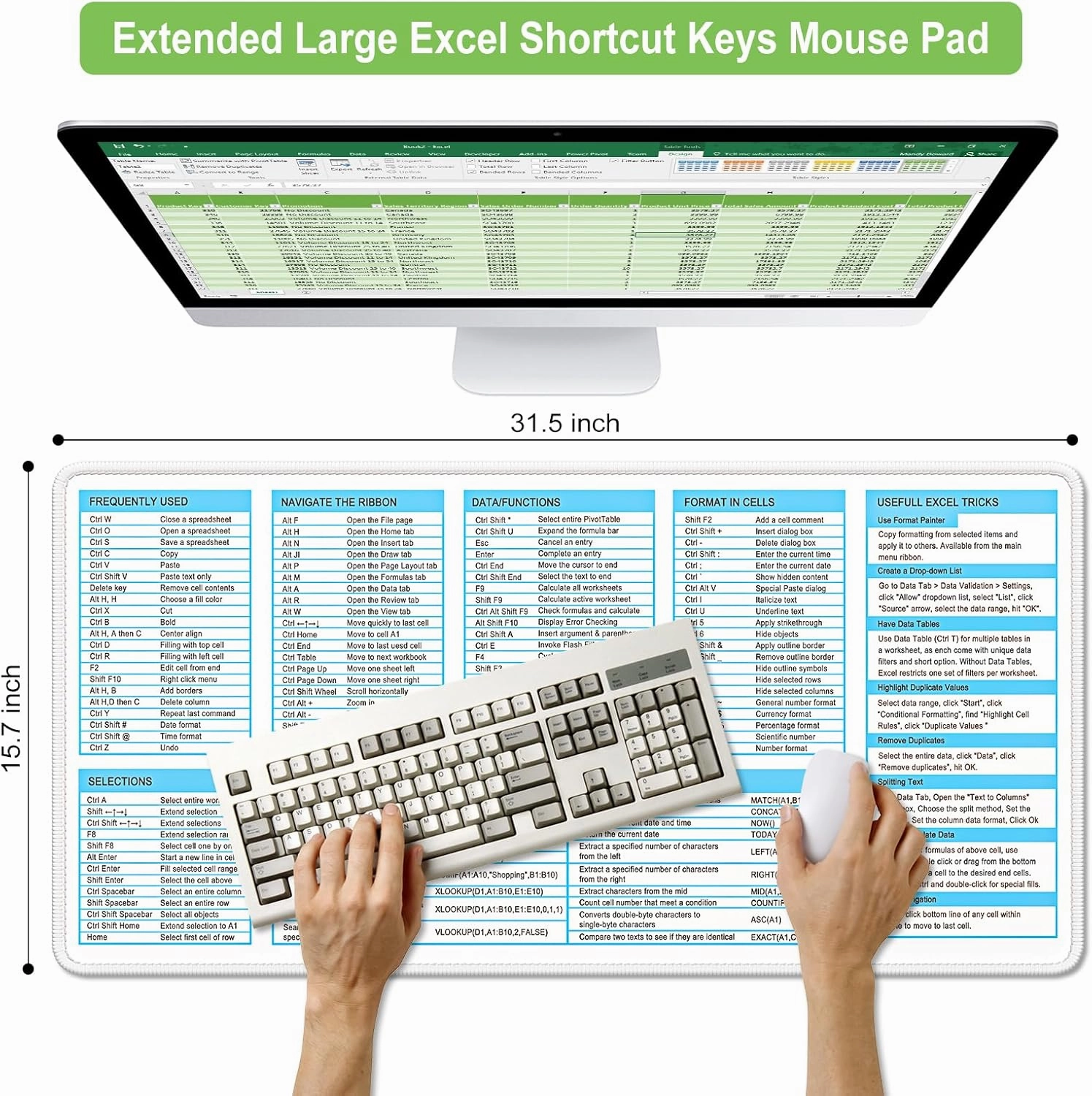 Excel Cheat Sheet Desk Pad, Extended Large Gaming Mouse Pad, Big XXL Computer Keyboard Shortcuts Keys Mat for Desktop, Office Spreadsheet Desk Mats for Keyboard and Laptop, 31.5 x 15.7in, Blue