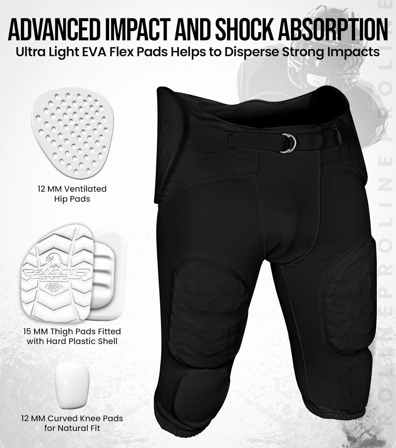 Exxact Sports Proline Men's Integrated Football Pants with 7 Flex Pads, Lightweight Football Practice Pants for Protection