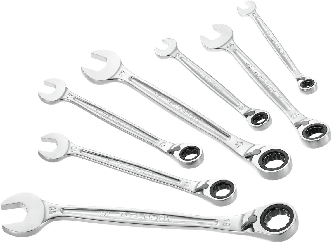 Facom Set of 7 Metric Ratchet Spanners 8 to 19 mm – Ultra-Grip Non-Slip System – Compact Reversible Lever Ratchet Mechanism – Chemical Resistant