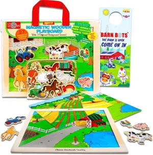 Farm Animals Life Magnetic Play Board for Kids - Bundle with Montessori Magnetic Playset Including Cows, Goats, Pigs, Horses and Vehicles | Wooden Magnetic Toy for Boys and Girls