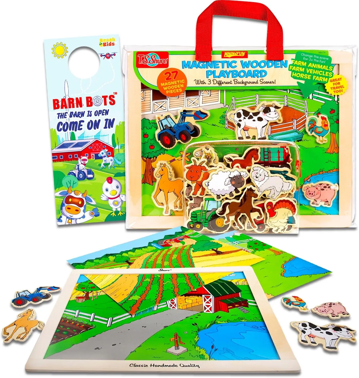 Farm Animals Life Play Board for Kids - Bundle with Playset Including Cows, Goats, Pigs, Horses and Vehicles | Wooden Magnetic Toy for Boys, Girls
