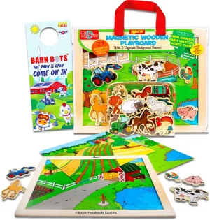 Farm Animals Life Play Board for Kids - Bundle with Playset Including Cows, Goats, Pigs, Horses and Vehicles | Wooden Magnetic Toy for Boys, Girls