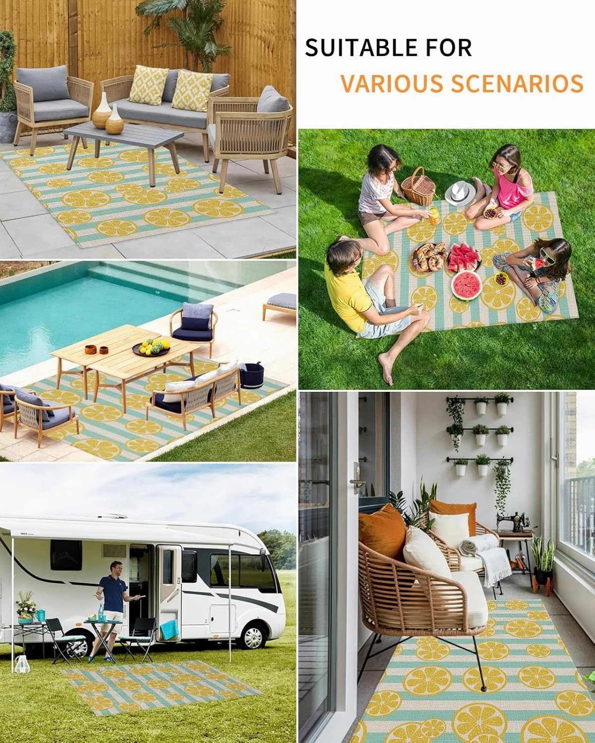 Farmhouse Yellow Lemons Aqua Stripe Outdoor Patio Rug for Deck,Picnic,Porch,Balcony 4x6ft Water Absorb Non Skid Area Rugs,Washable Camping RV Carpet Mats Pastoral Cotton Linen