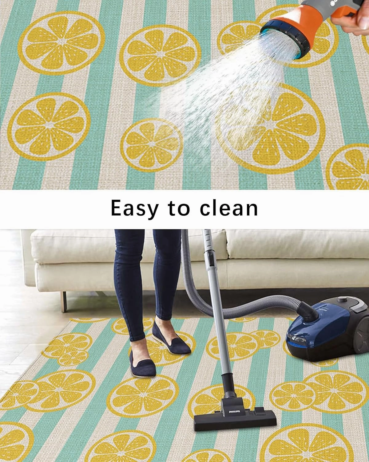 Farmhouse Yellow Lemons Aqua Stripe Outdoor Patio Rug for Deck,Picnic,Porch,Balcony 4x6ft Water Absorb Non Skid Area Rugs,Washable Camping RV Carpet Mats Pastoral Cotton Linen