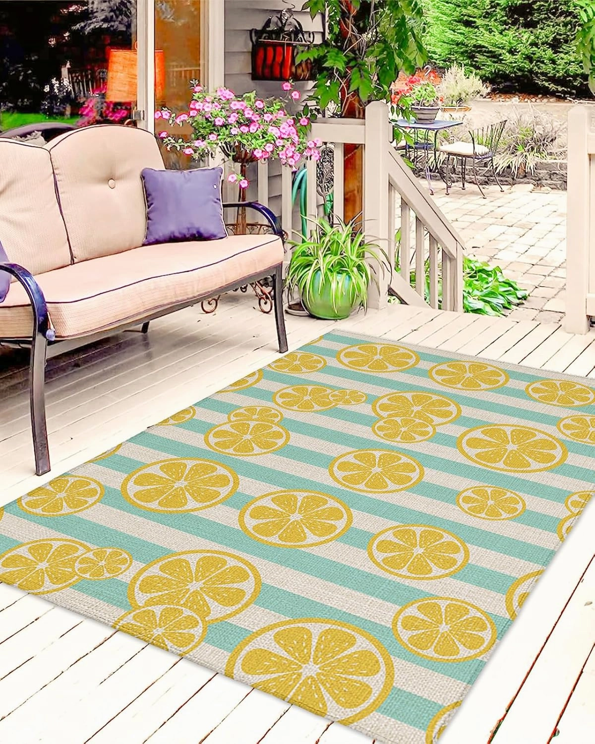 Farmhouse Yellow Lemons Aqua Stripe Outdoor Patio Rug for Deck,Picnic,Porch,Balcony 4x6ft Water Absorb Non Skid Area Rugs,Washable Camping RV Carpet Mats Pastoral Cotton Linen