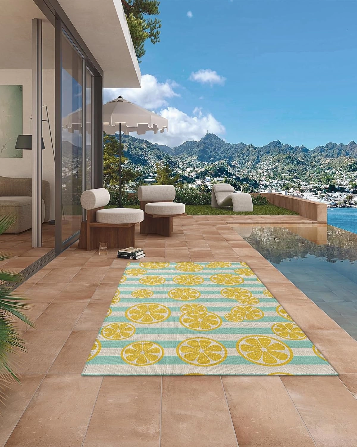 Farmhouse Yellow Lemons Aqua Stripe Outdoor Patio Rug for Deck,Picnic,Porch,Balcony 4x6ft Water Absorb Non Skid Area Rugs,Washable Camping RV Carpet Mats Pastoral Cotton Linen