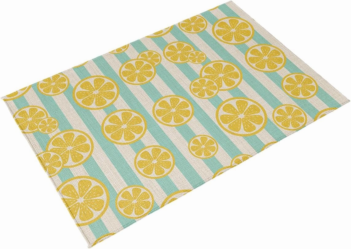 Farmhouse Yellow Lemons Aqua Stripe Outdoor Patio Rug for Deck,Picnic,Porch,Balcony 4x6ft Water Absorb Non Skid Area Rugs,Washable Camping RV Carpet Mats Pastoral Cotton Linen