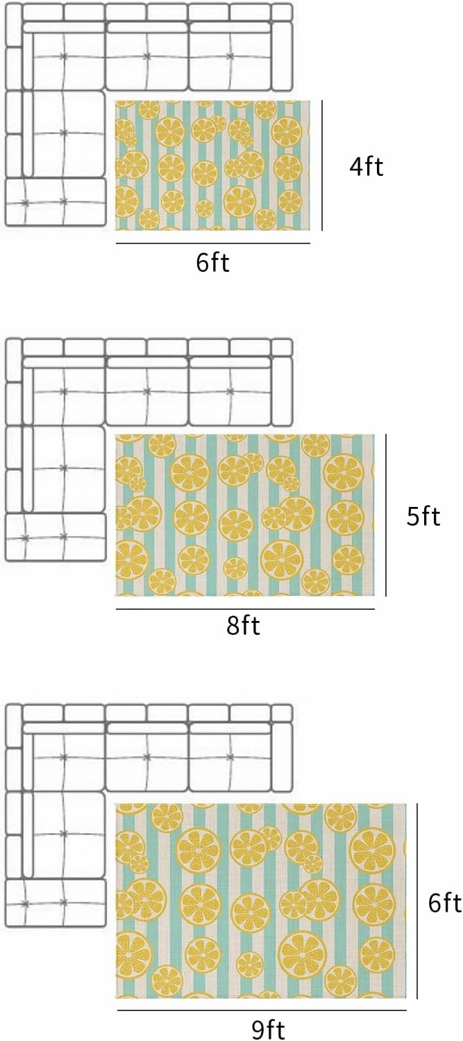 Farmhouse Yellow Lemons Aqua Stripe Outdoor Patio Rug for Deck,Picnic,Porch,Balcony 4x6ft Water Absorb Non Skid Area Rugs,Washable Camping RV Carpet Mats Pastoral Cotton Linen