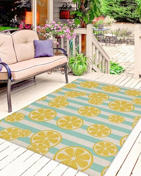 Farmhouse Yellow Lemons Aqua Stripe Outdoor Patio Rug for Deck,Picnic,Porch,Balcony 4x6ft Water Absorb Non Skid Area Rugs,Washable Camping RV Carpet Mats Pastoral Cotton Linen