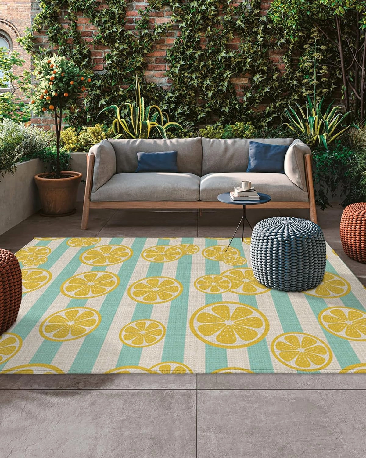Farmhouse Yellow Lemons Aqua Stripe Outdoor Patio Rug for Deck,Picnic,Porch,Balcony 4x6ft Water Absorb Non Skid Area Rugs,Washable Camping RV Carpet Mats Pastoral Cotton Linen