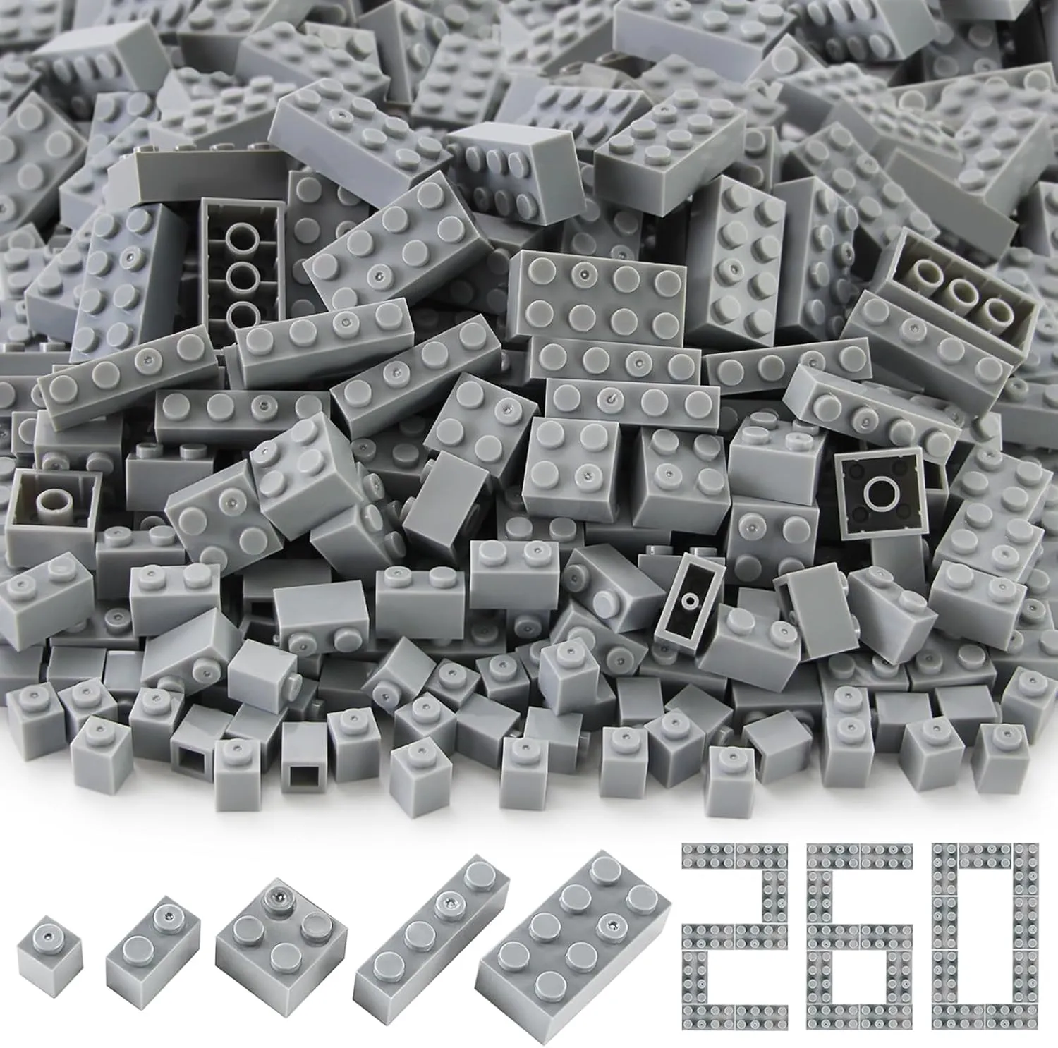 Feleph 260 Pieces Light Bluish Gray Bulk Bricks Classic Building Creative Play Blocks Set Parts Toy Accessories Compatible with Major Brick Brands…