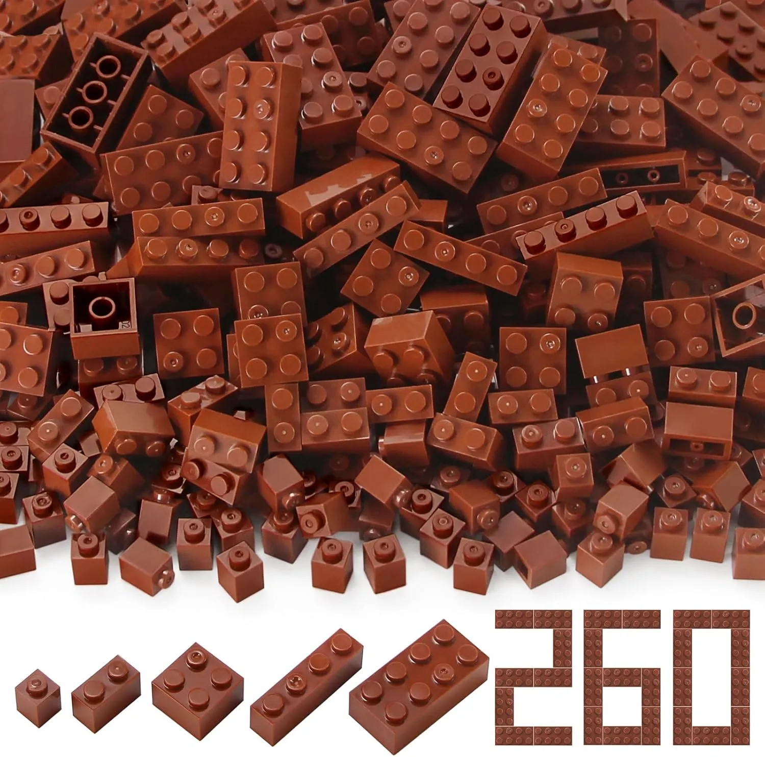 Feleph 260 Pieces Reddish Brown Bulk Bricks Classic Building Creative Play Blocks Set Parts Toy Accessories Compatible with Major Brick Brands