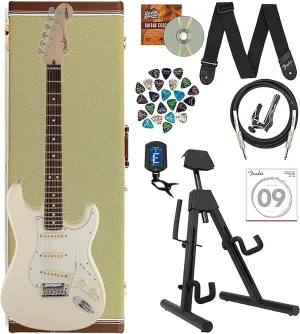 Fender Jeff Beck Stratocaster - Olympic White Bundle with Hard Case, Stand, Instrument Cable, Tuner, Capo, Fender Play Online Lessons, Strings, Picks, Strap, and Austin Bazaar Instructional DVD